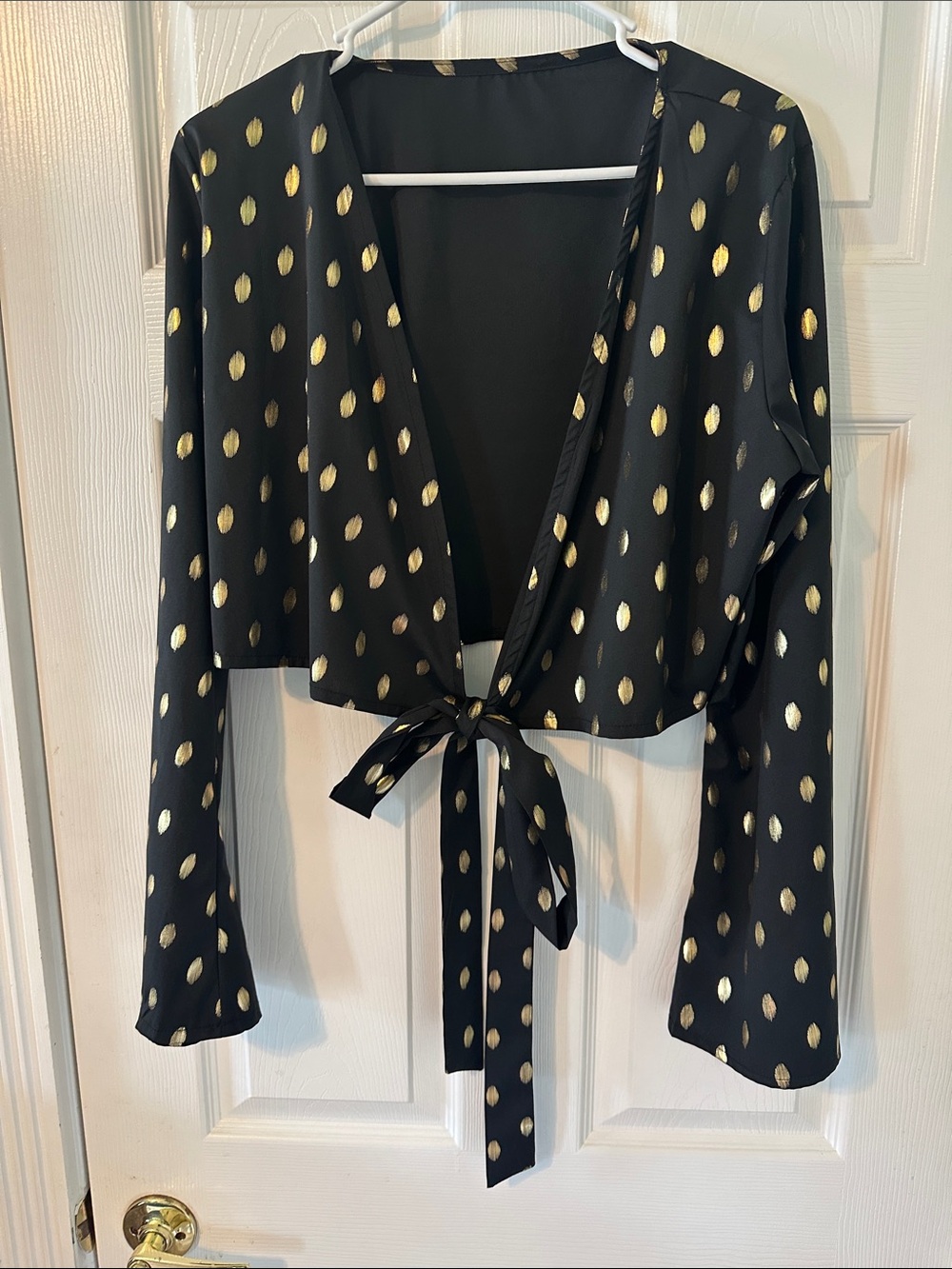 Black Tie-Front Blouse with Gold Dot Print (L)